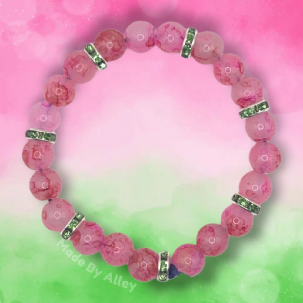 Light Pink Red Crackle 8mm Handmade Beaded Bracelet with Green Rhinestones